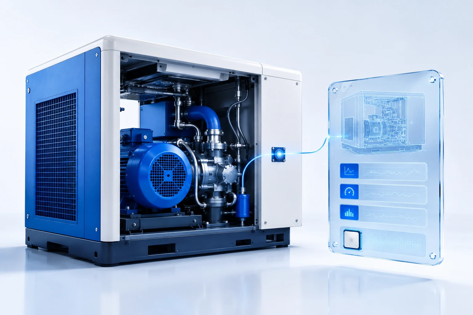 Un compressore industriale blu è collegato al proprio fascicolo digitale e alla sua identità.
