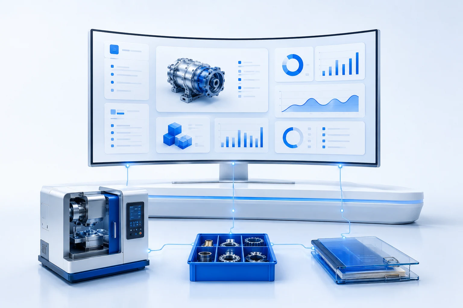 Un ambiente di lavoro digitale riunisce macchinari, materiali e documenti collegati.