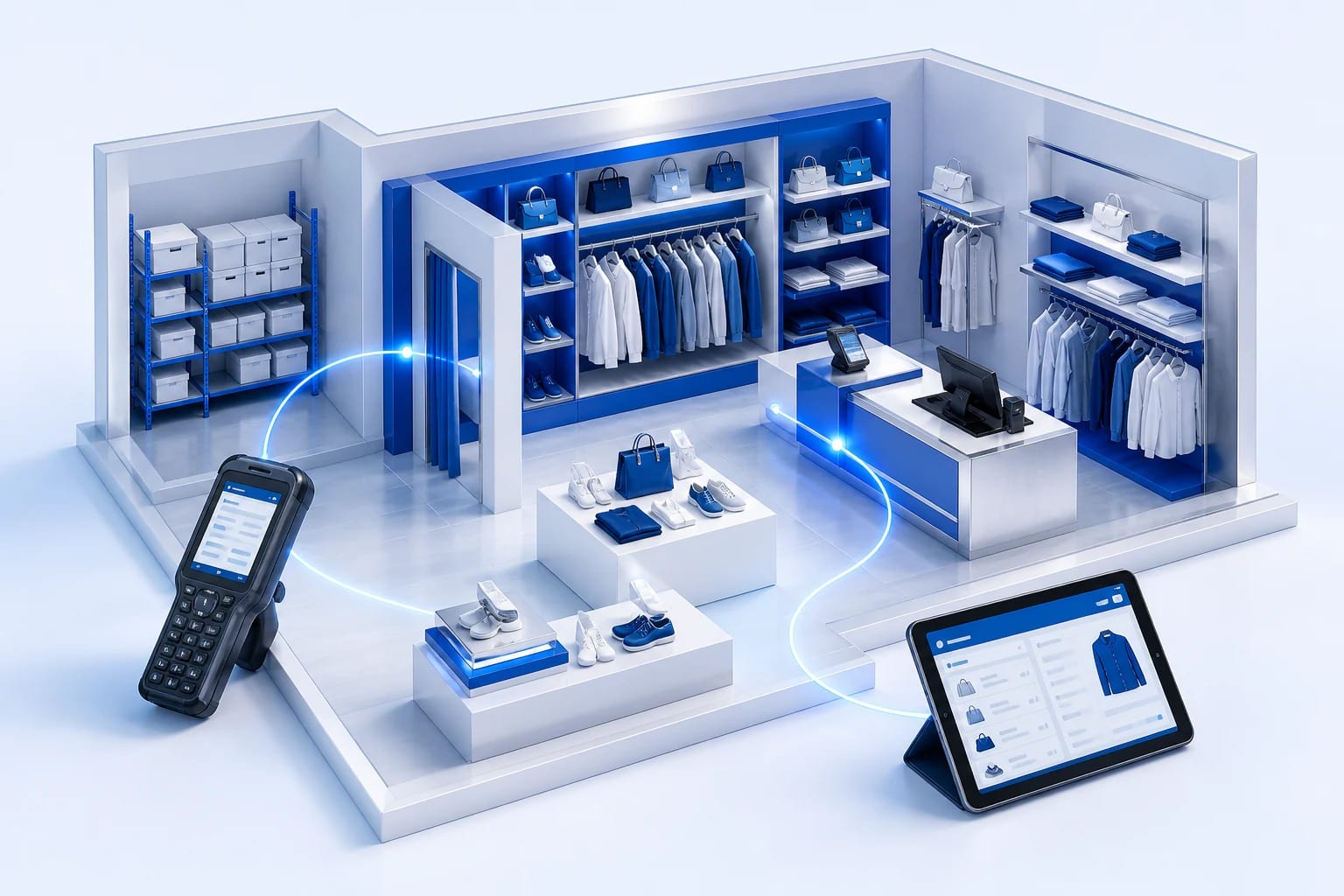 Retail e punti vendita: Dotazioni, materiali e responsabilità, dal negozio alla sede centrale. Beni, contesto e attività sono collegati nella stessa scena.