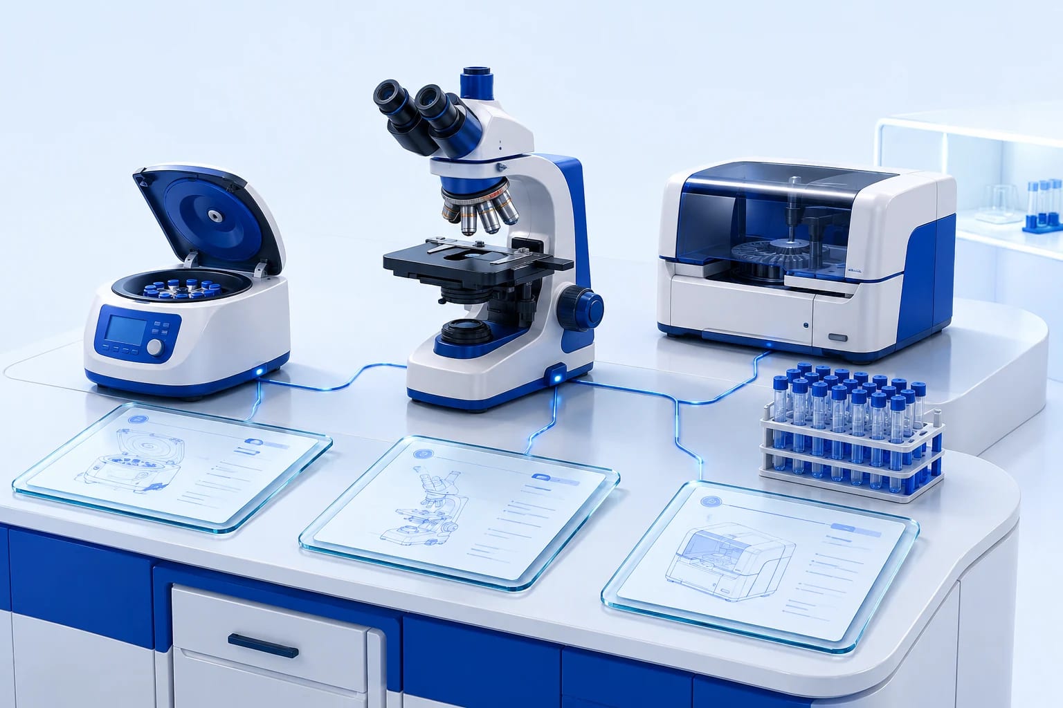 Sanità e laboratori: Apparecchiature, strumenti e documenti tecnici organizzati per ambiente e referente. Beni, contesto e attività sono collegati nella stessa scena.
